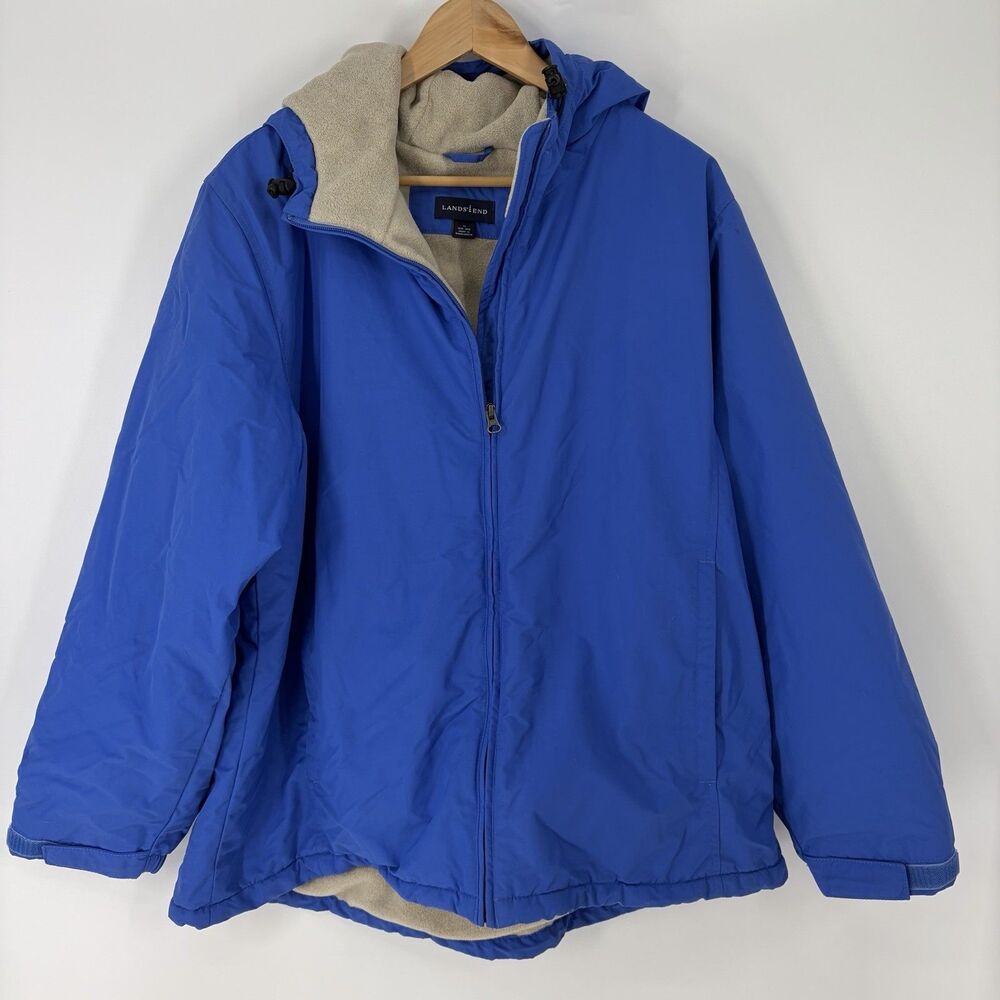 Lands End Jacket 1X Womens Blue Coat Waterproof Hooded Insulated Fleece Lined
